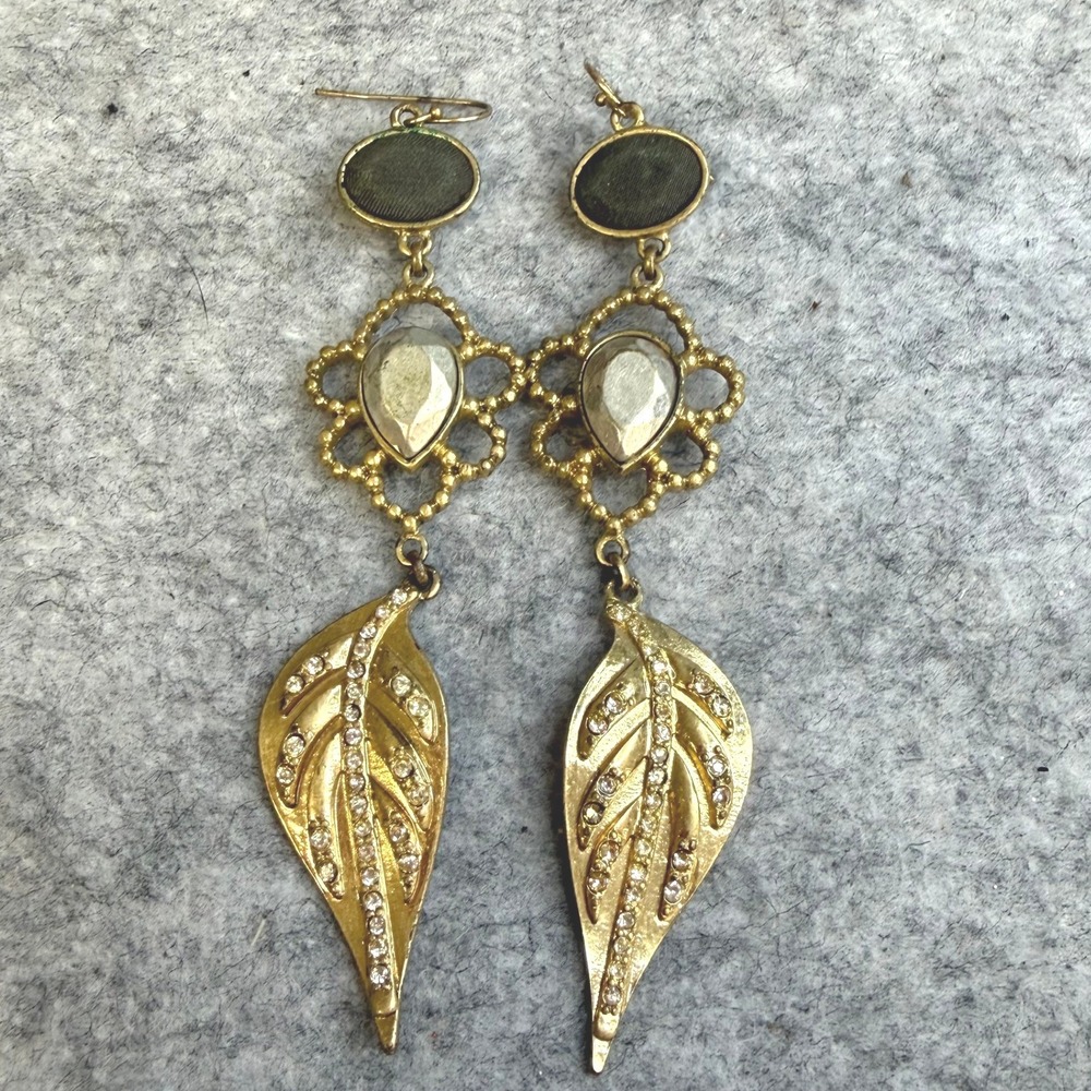 Vintage Gold Tone Crystal Leaf Drop Earrings Beaded Flower Boho Statement Dangle